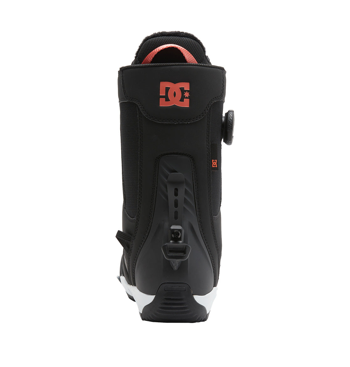 Rear view of the DC Shoes Women’s Phase BOA® Pro Step On® Snowboard Boot in black, featuring a red logo on the upper back and a Dual Zone BOA® Fit System. The sole is primarily black with white accents.
