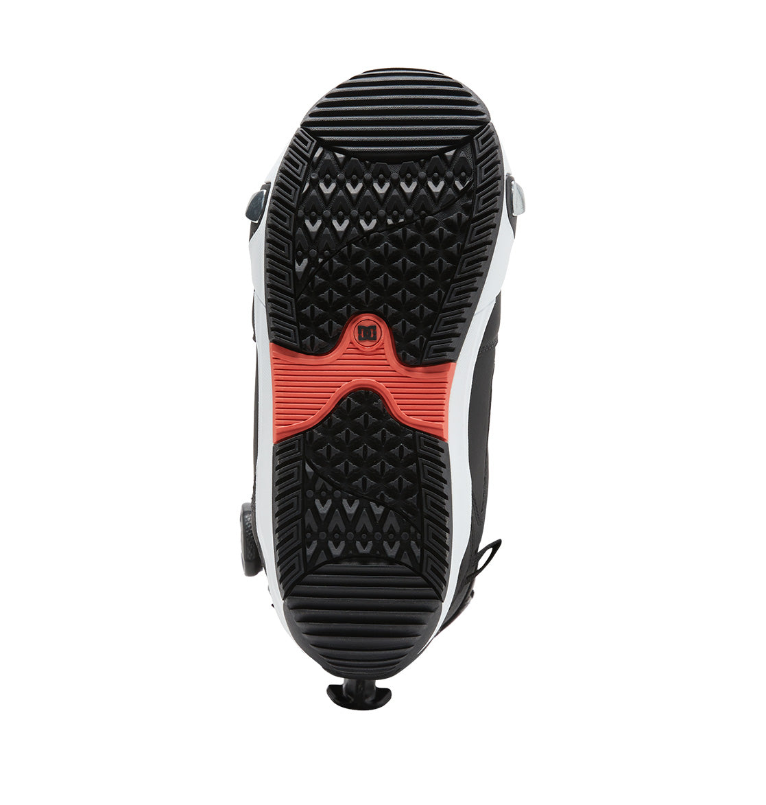 The underside of the DC Shoes Women’s Phase BOA® Pro Step On® Snowboard Boots showcases a textured rubber tread with red accents in the center and white and black sections along the sides, highlighting the advanced grip and stability provided by the Dual Zone BOA® Fit System.