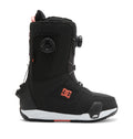 Presenting the Women’s Phase BOA® Pro Step On® Snowboard Boots by DC Shoes in black with striking red accents, this boot showcases the DC Shoes logo and features a Dual Zone BOA® Fit System for precision adjustment, along with a durable sole—all displayed in a side profile against a white background.