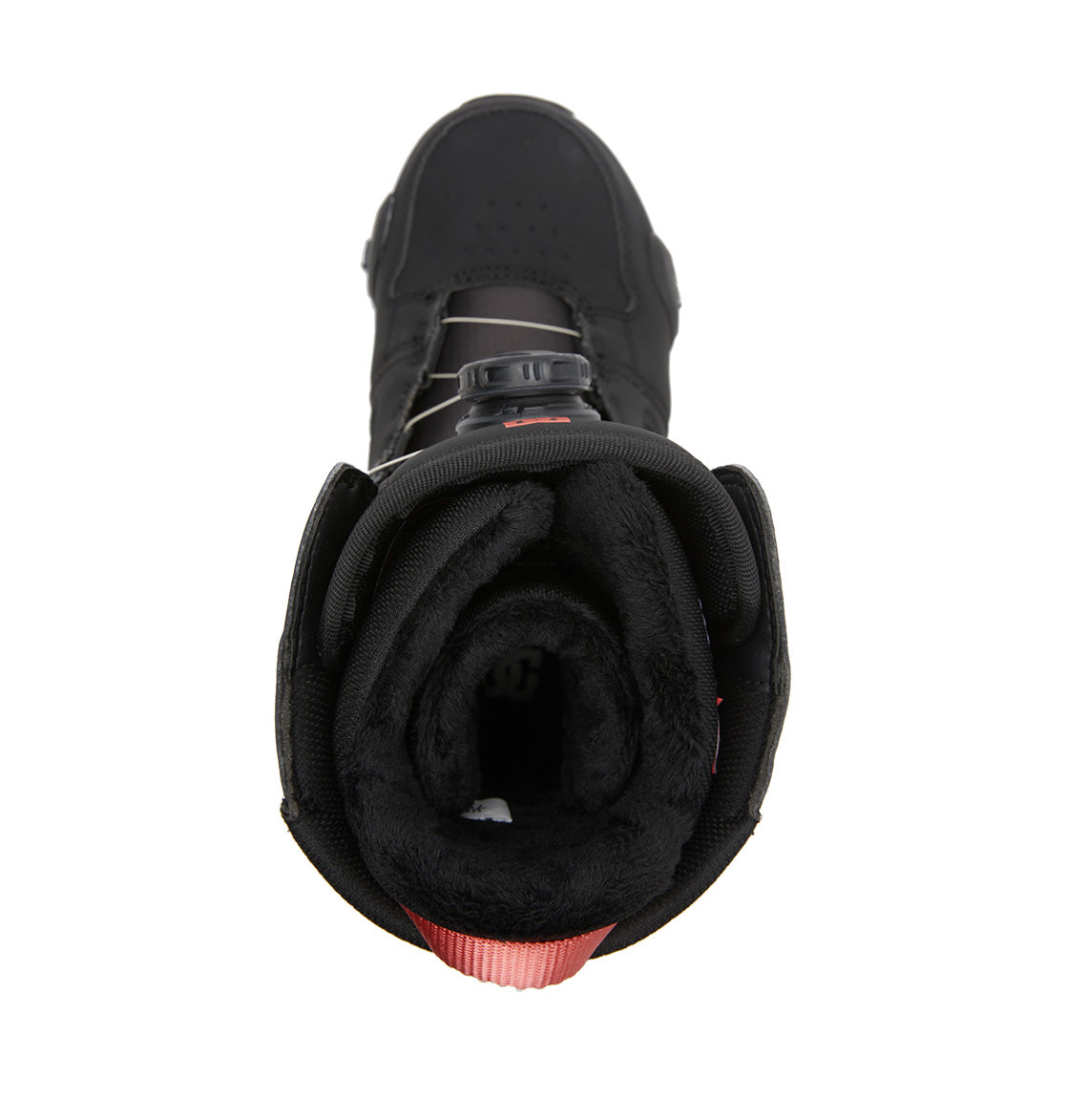 Top view of the DC Shoes Women’s Phase BOA® Pro Step On® Snowboard Boot in black, featuring a plush inner lining and a red pull tab at the heel. This style, tailored for women snowboarders, showcases a round toe and a lace-free Dual Zone BOA® Fit System closure for superior convenience and support.