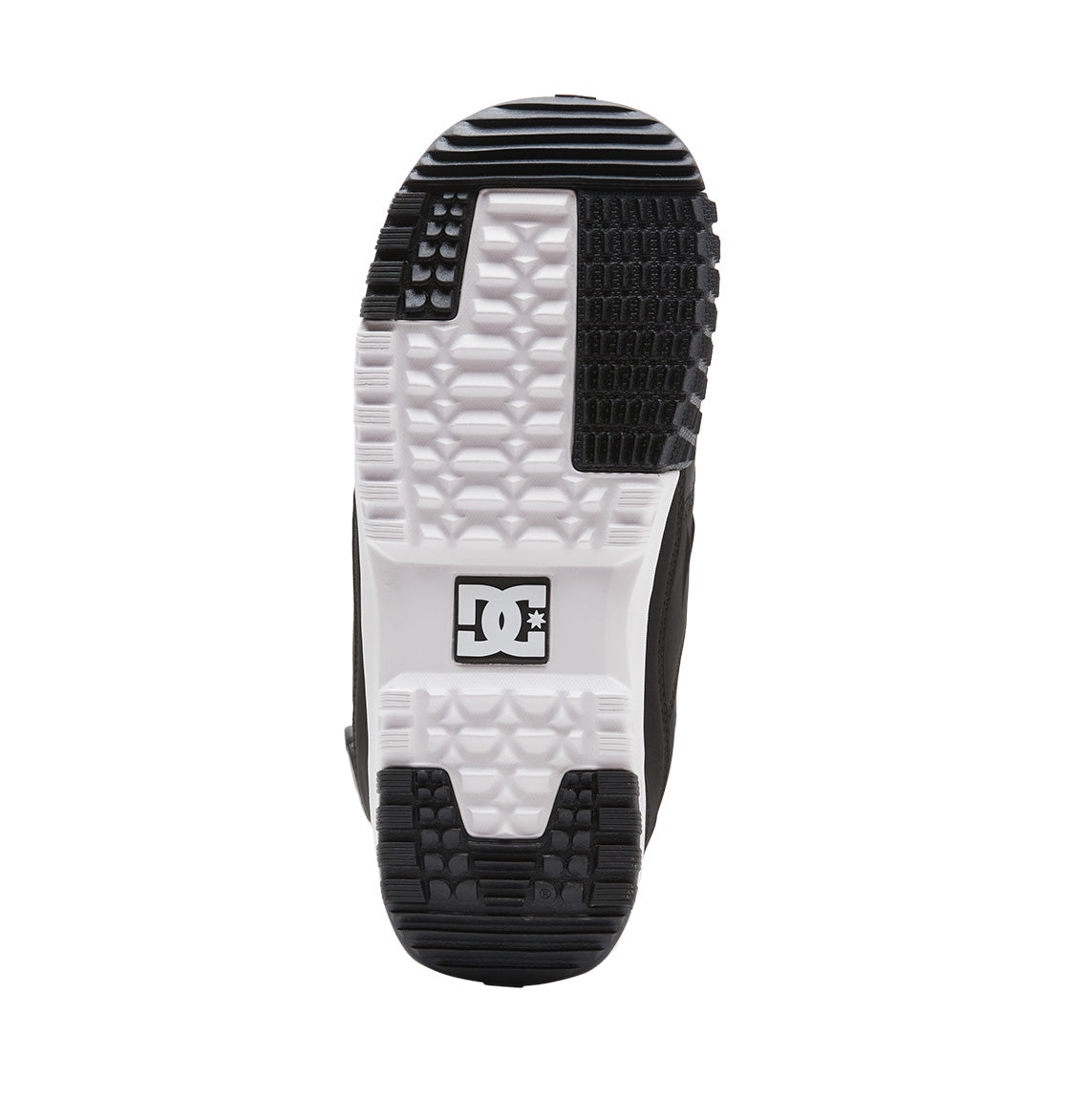 The sole of a black and white DC Shoes Men’s Premier Hybrid BOA® Snowboard Boot features a textured pattern with the DC logo in the center, inspired by the design of their skate shoes.