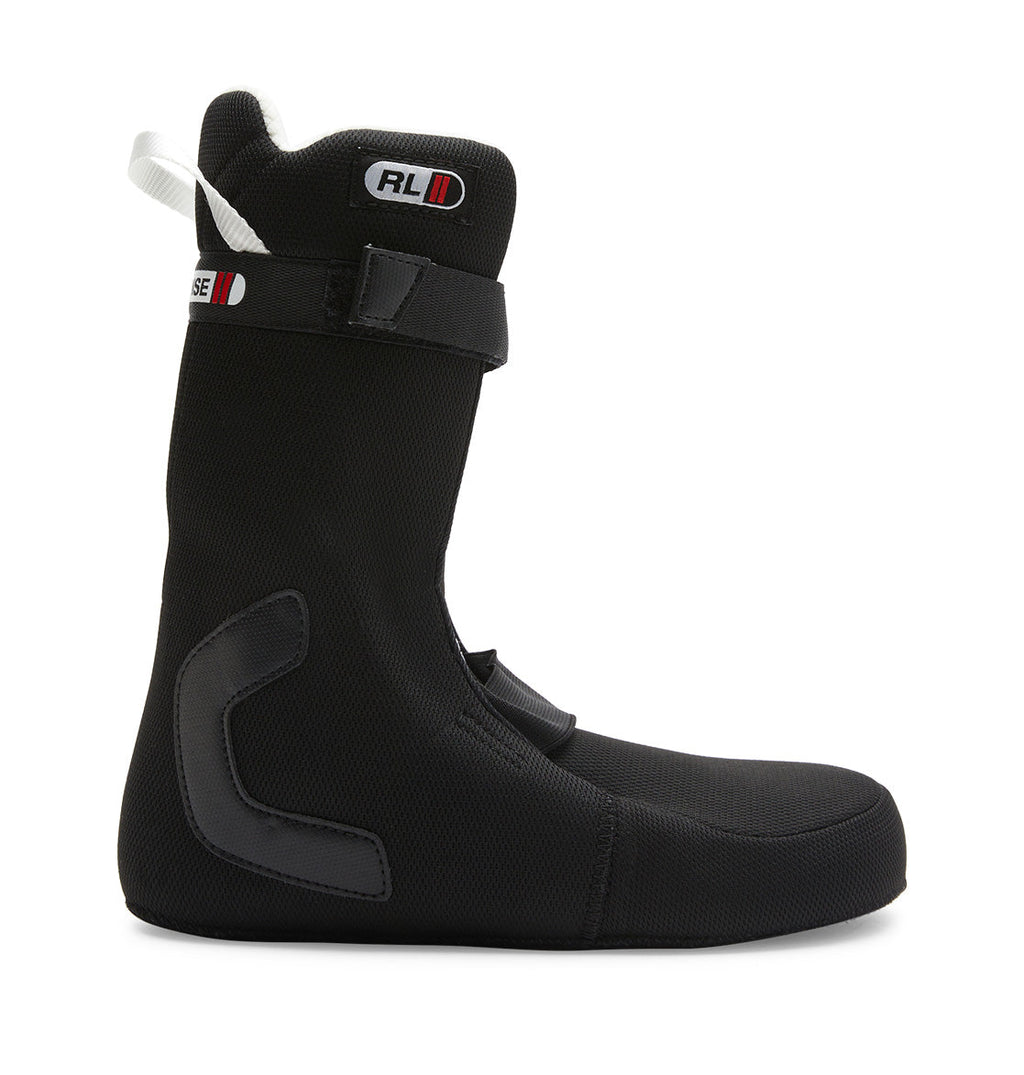 Black and white insulated Men’s Premier Hybrid BOA® Snowboard Boots by DC Shoes, featuring a pull tab at the back, velcro straps, and a logo patch near the top. Engineered to complement your favorite snowboard setup or seamlessly integrate with BOA Fit System technology, these boots are shown from the side against a white background.