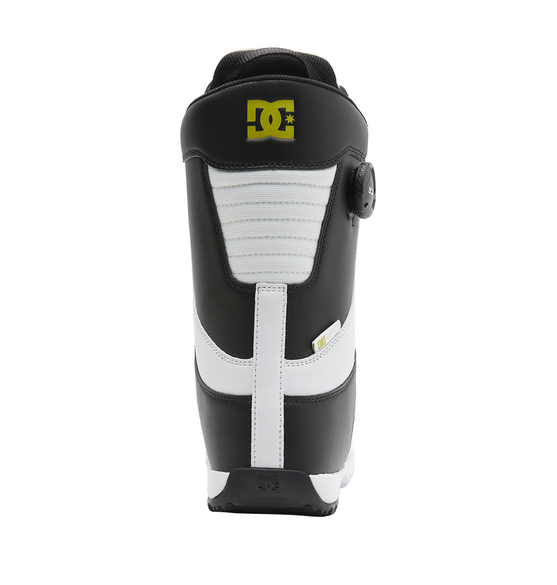 Rear view of the DC Shoes Men’s Control BOA® Snowboard Boot in black and white, featuring a yellow DC Shoes logo at the top and a round Dual Zone BOA® Fit System adjustment dial on the side, inspired by advanced skate footwear design.