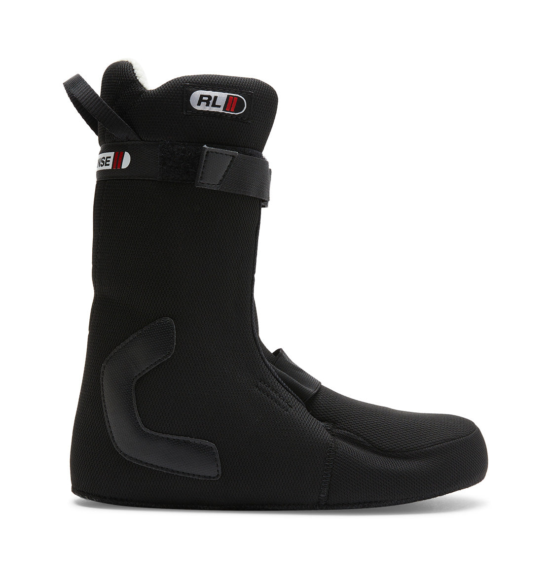 A side view of the Men’s Control BOA® Snowboard Boot liner by DC Shoes is shown in black, featuring a Velcro strap near the top, a pull loop at the back, and small red, white, and black logo tags reading RL and RISE on the upper section.