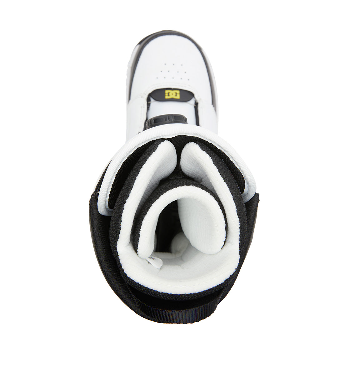 Top view of the Men’s Control BOA® Snowboard Boots by DC Shoes in white and black, featuring thick cushioning around the ankle and tongue with detailed padding and BOA® closure holes, reminiscent of premium skate footwear, on a plain white background.