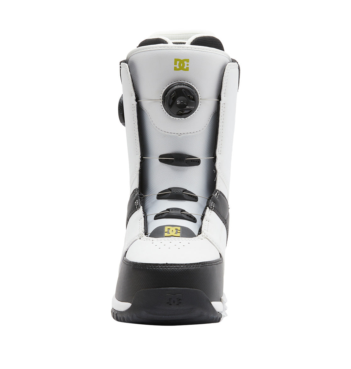 Presenting the DC Shoes Men’s Control BOA® Snowboard Boots: shown in a white and black, front-facing design, these all-mountain boots feature the precision Dual Zone BOA® Fit System for customizable tightening and display the signature DC logo in yellow on both the tongue and toe—combining iconic skate-inspired style with mountain-ready performance.