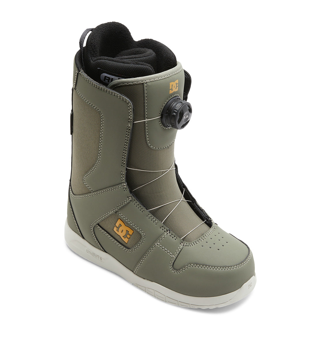 A single olive green DC Shoes Women’s Phase BOA® Snowboard Boot features a black inner lining, white sole, gold DC logo, and a front BOA® Fit System dial lacing mechanism—delivering both style and performance.
