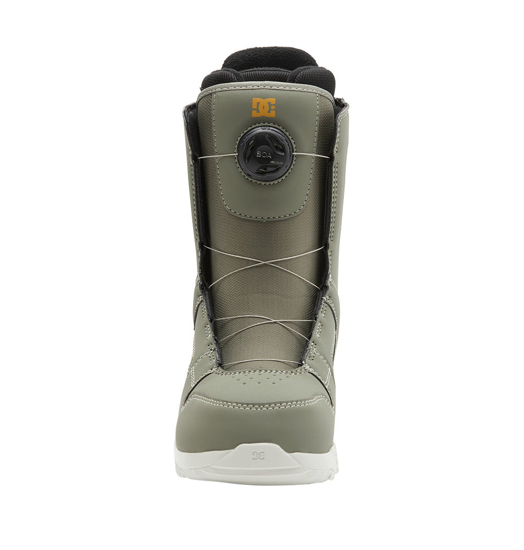 Front view of a single gray DC Shoes Women’s Phase BOA® Snowboard Boot featuring a black adjustable BOA® Fit System dial on the tongue, white laces, and a white sole. The DC Shoes logo is visible near the top and on the toe area of the boot.