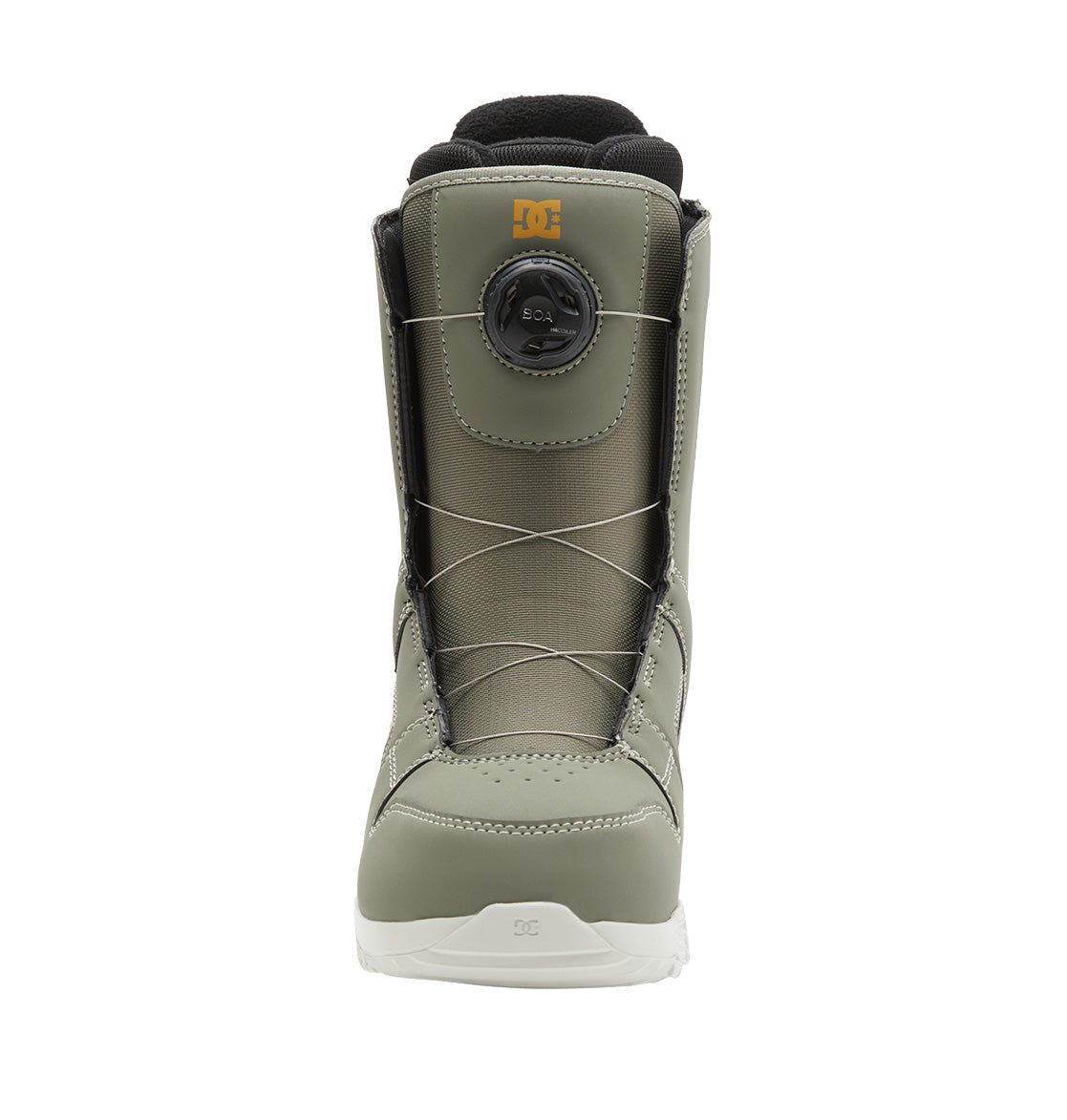 Front view of a single gray DC Shoes Women’s Phase BOA® Snowboard Boot featuring a black adjustable BOA® Fit System dial on the tongue, white laces, and a white sole. The DC Shoes logo is visible near the top and on the toe area of the boot.