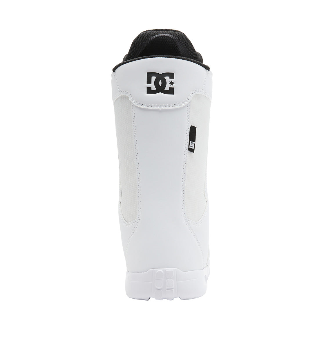 A rear view of the Women’s Phase BOA® Snowboard Boots by DC Shoes in white, highlighting the black DC Shoes logo at the top and a small black tag on the heel. The visible sole and upper display the classic Phase design elements.