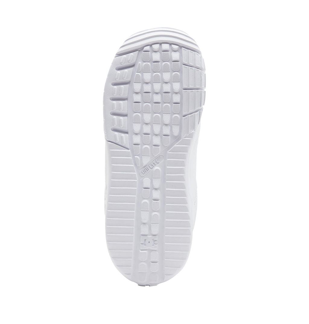 The image displays the sole of a white athletic shoe featuring a textured, grid-like tread pattern for enhanced grip and “UNIKNIT” text in the center, echoing the durable, performance-driven outsoles characteristic of DC Shoes Women’s Phase BOA® Snowboard Boots.
