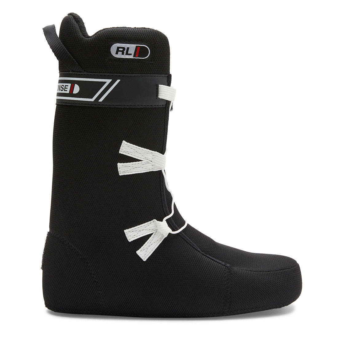 A side profile view of the Women’s Phase BOA® Snowboard Boots by DC Shoes, featuring a black design with white laces and a black-and-white DC Shoes logo near the top, displayed against a white background.