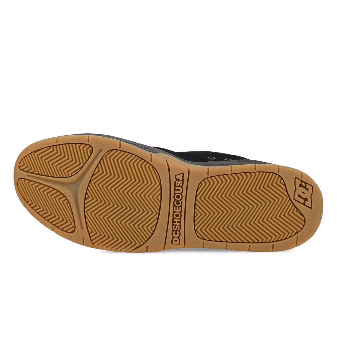 The image displays the gum-colored sole of the Men’s Ascend Skate Shoes by DC Shoes, featuring a herringbone tread pattern and centrally placed DCSHOECOUSA branding, illustrating how these classic sneakers seamlessly combine timeless style with modern comfort.