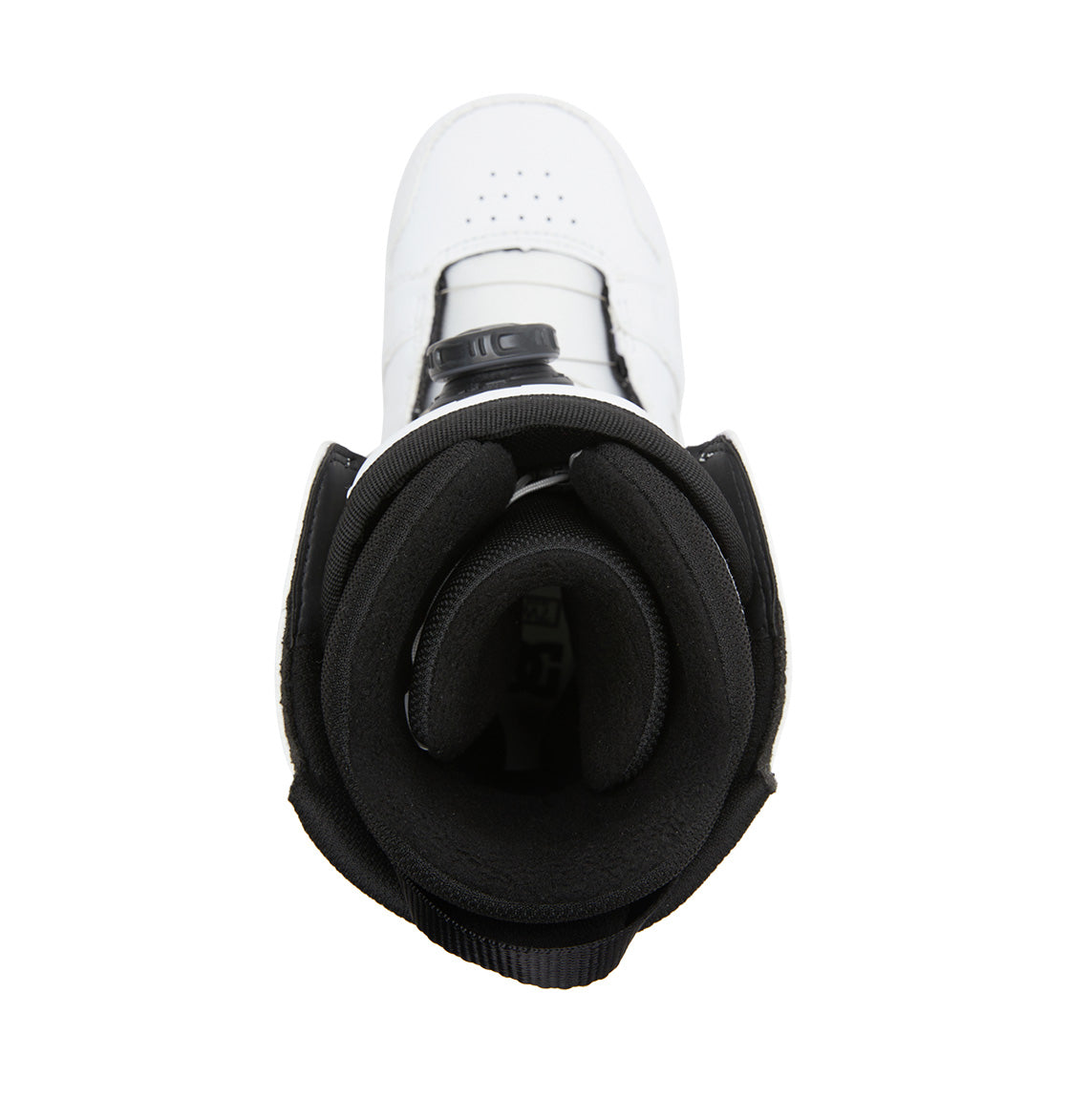 Top-down view of the DC Shoes Women’s Phase BOA® Snowboard Boots in white and black, featuring a padded black inner lining and prominent tongue with advanced BOA® Fit System technology, set against a white background.