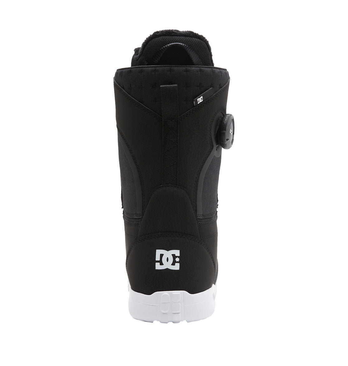 Back view of the DC Shoes Women’s Lotus BOA® Snowboard Boot in black, showcasing a white Unilite outsole and the DC logo near the heel. The right side features an advanced BOA® Fit System dial closure. The background is white.