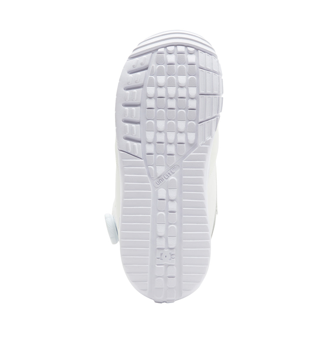 The image shows the bottom view of the Women’s Lotus BOA® Snowboard Boots by DC Shoes, highlighting a white sole with a grid and line tread pattern. The Unilite outsole features the words “UNIQUE” and “AIR” embossed on it.