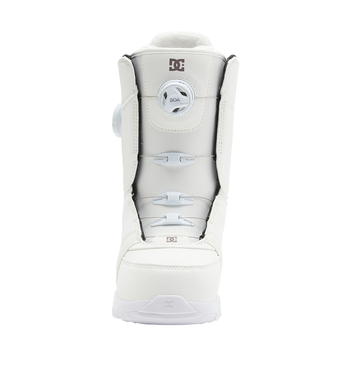 Front view of a single white Women’s Lotus BOA® Snowboard Boot by DC Shoes, featuring the Dual Zone BOA® Fit System and DC logo on the tongue and toe, with a Unilite outsole, isolated on a white background.
