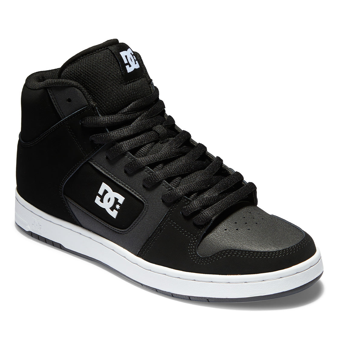 Introducing the Men’s Manteca 4 HI Shoes by DC Shoes—a black high-top skate shoe crafted with a durable leather upper for enhanced support. This stylish design features crisp white and gray accents, a prominent white DC logo on the side and tongue, black laces, and a sturdy white rubber sole with a gray bottom engineered for superior grip.