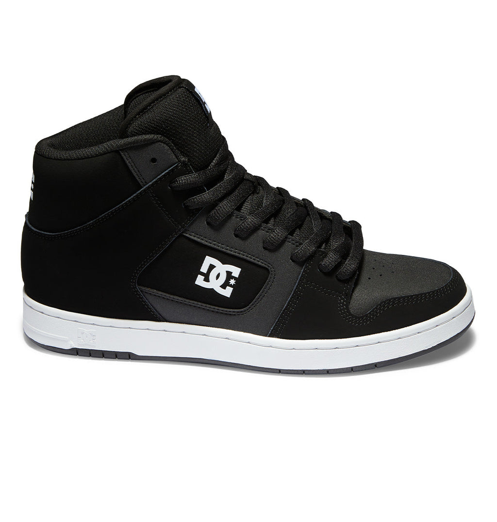 The Men’s Manteca 4 HI Shoes by DC Shoes are black high-top sneakers with a leather upper and a white sole, featuring the iconic DC Shoes logo in white on the side, black laces, a padded ankle collar, and maximum grip for everyday wear.