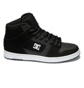 The Men’s Manteca 4 HI Shoes by DC Shoes are black high-top sneakers with a leather upper and a white sole, featuring the iconic DC Shoes logo in white on the side, black laces, a padded ankle collar, and maximum grip for everyday wear.