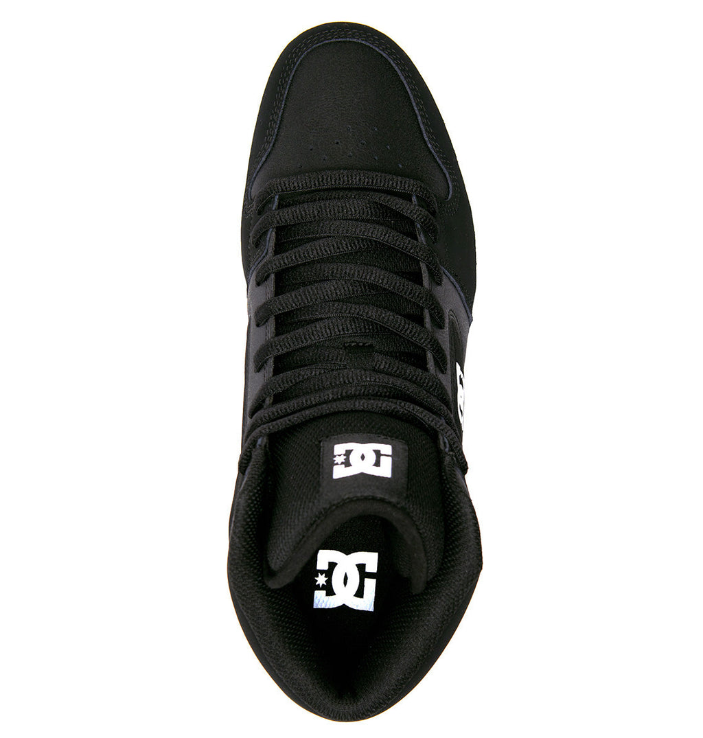 Top view of the Men’s Manteca 4 HI Shoe by DC Shoes in black, designed with black laces and a durable leather upper. The shoe showcases the white DC logo printed on both the tongue and insole, blending style with performance and maximum grip.