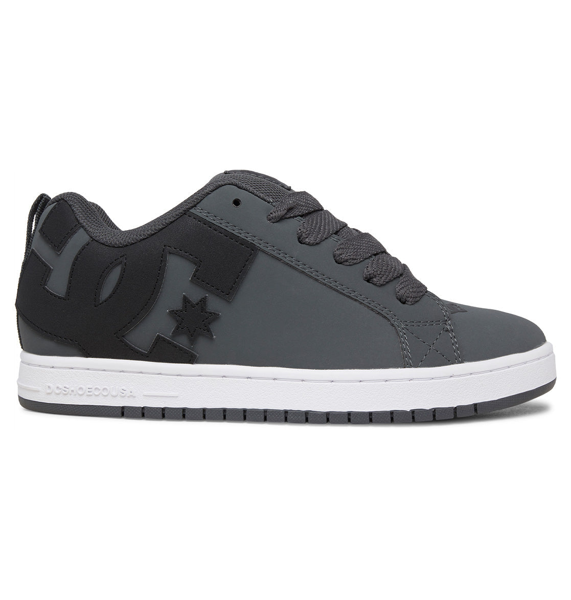Introducing the DC Shoes Men’s Court Graffik Shoes, featuring a gray and black colorway with a white sole, the signature DC logo on the side, black laces, a low-top profile, and a classic puffy silhouette for enhanced comfort.