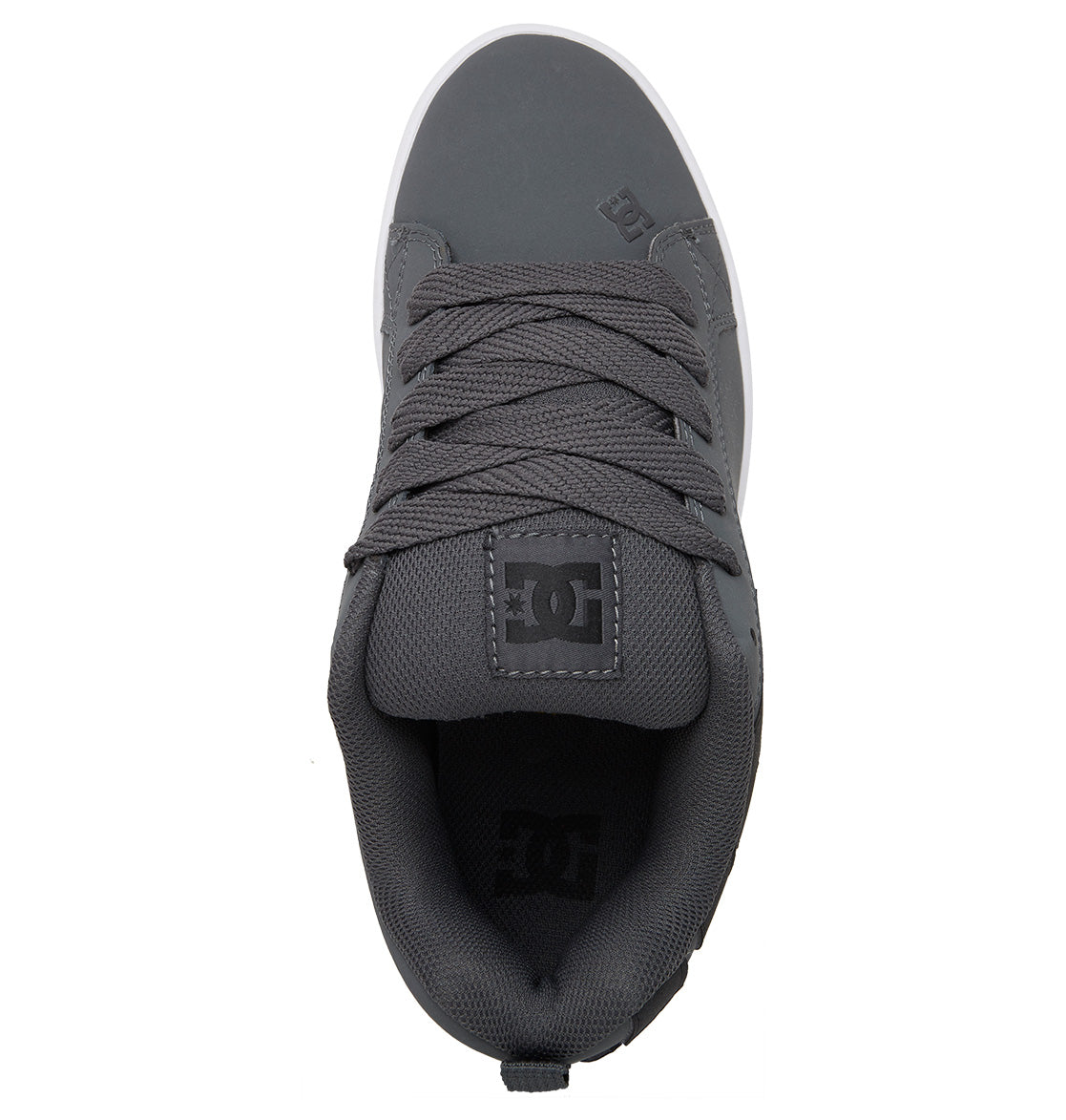The Men’s Court Graffik Shoes by DC Shoes are shown from above against a white background, featuring a gray upper with dark gray laces, a padded collar, and the signature puffy silhouette. A black DC logo appears on the tongue.