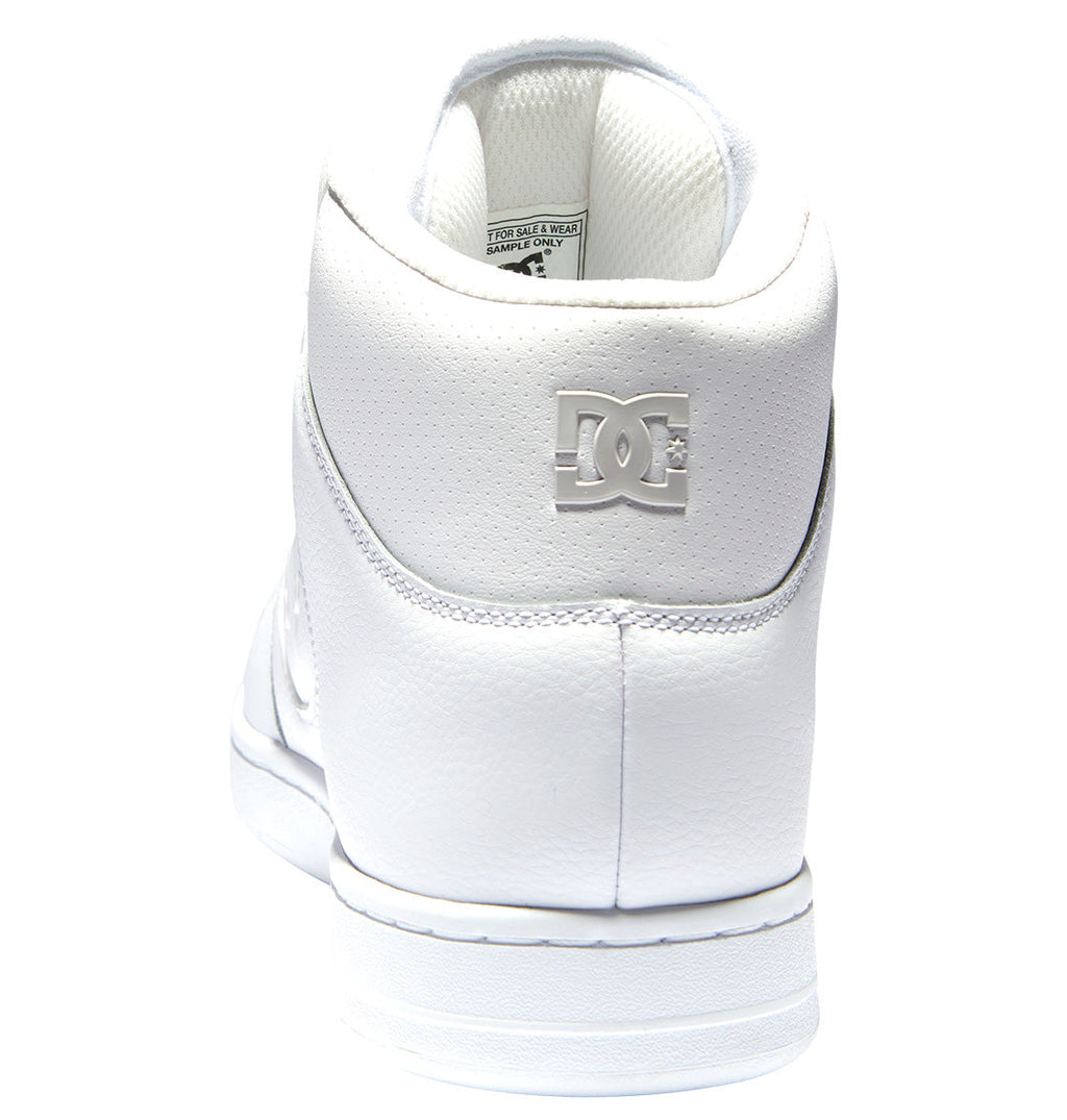 A rear view of the Men’s Manteca 4 HI Shoes by DC Shoes, showcasing a white high-top design with an embossed DC Shoes logo on the heel, a textured leather upper, and a durable white rubber outsole.