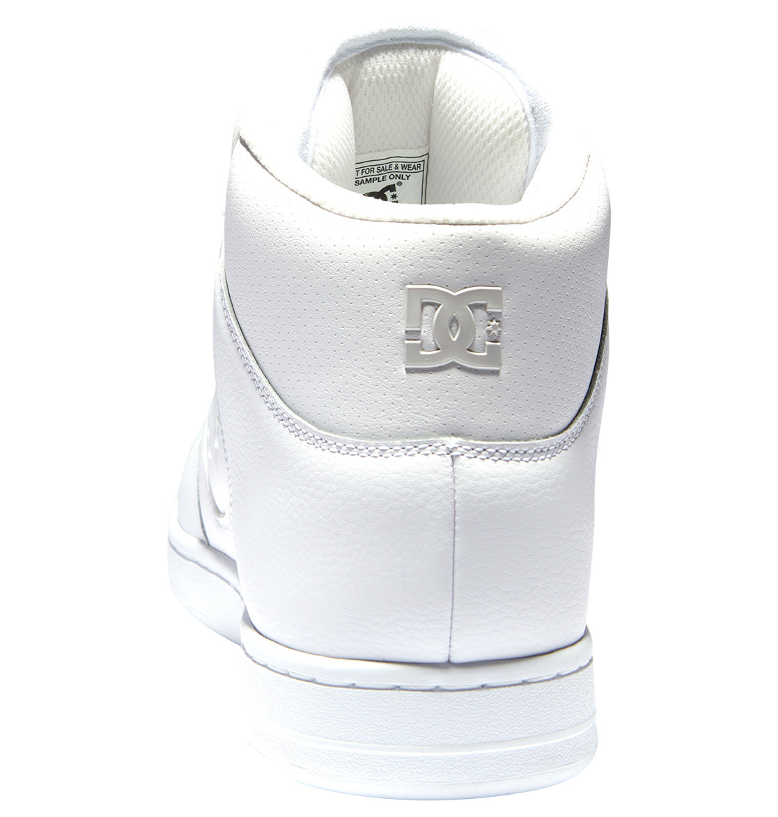 A rear view of the Men’s Manteca 4 HI Shoes by DC Shoes, showcasing a white high-top design with an embossed DC Shoes logo on the heel, a textured leather upper, and a durable white rubber outsole.
