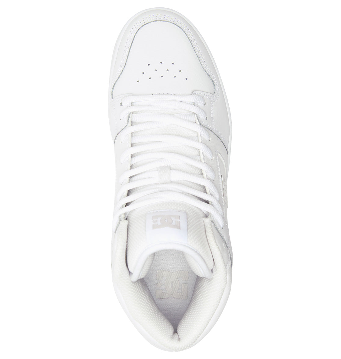 Top view of the Men’s Manteca 4 HI Shoes by DC Shoes, featuring a white leather high-top upper, white laces, perforated toe area, and a padded collar. The tongue displays a subtle DC Shoes logo. The shoe is finished with a durable outsole for lasting wear and boasts a clean, minimalistic design.