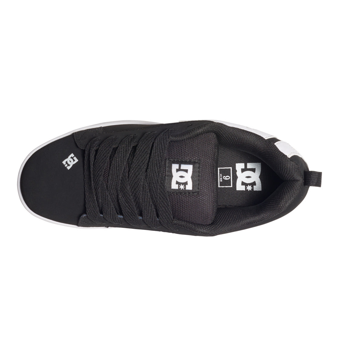 Top view of a Men’s Court Graffik Shoe by DC Shoes, featuring a puffy black silhouette, white DC branding on the tongue and side, black laces, and a white sole.