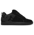 The Men’s Court Graffik Shoes by DC Shoes feature a black, puffy skate silhouette with matching black laces, a durable rubber sole, and a prominent black DC logo on the side for a classic and monochromatic look.