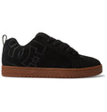 The Men’s Court Graffik Shoes by DC Shoes feature a black skate shoe design with a prominent DC logo on the side, black laces, and a brown rubber sole. Showcasing the classic puffy silhouette from the Court Graffik collection, these low-top shoes include a convenient heel pull tab.