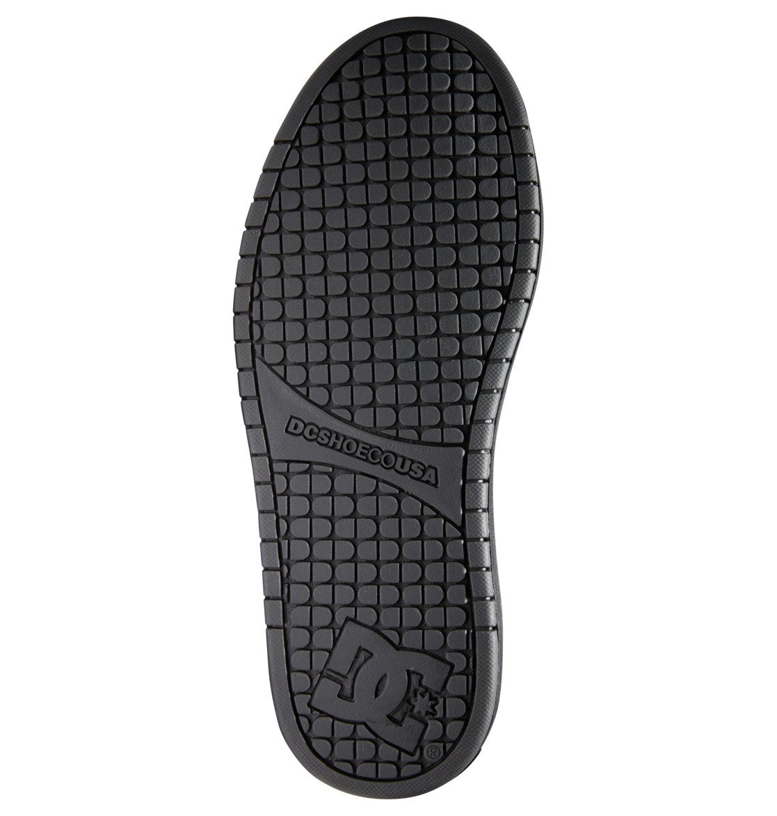 The Men’s Court Graffik Shoes from DC Shoes feature a black sole with a textured grid pattern, DCSHOECOUSA text centered, and a bold DC logo with star detail at the heel—hallmarks of the shoe’s iconic puffy silhouette. The sole is shown against a white background.