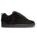 The DC Shoes Men’s Court Graffik Shoes feature a black low-top silhouette with a thick sole, lace-up closure, and subtle DC logo detailing on the side. Designed with a small red accent on the tongue, these sneakers offer a sleek, minimalist appearance along with a slightly puffy build for enhanced comfort and street-inspired style.