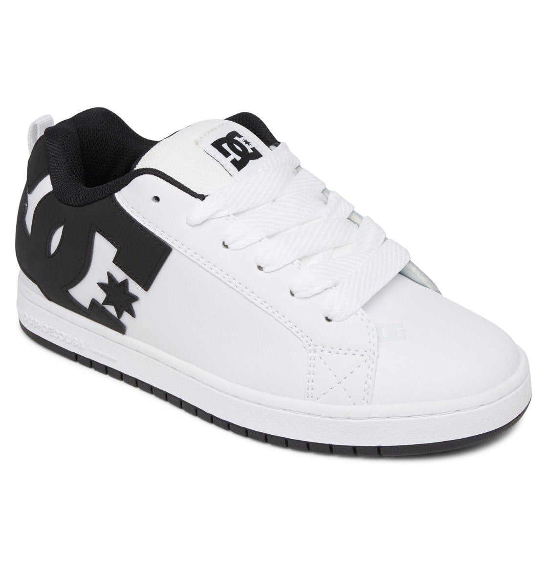 The Men’s Court Graffik Shoes from DC Shoes feature a white upper with black accents, a black sole, and a large black DC logo on the side. These sneakers showcase a puffy silhouette, white laces, and a low-cut design.