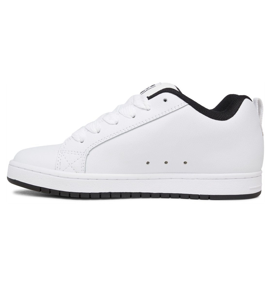 The DC Shoes Men’s Court Graffik Shoes showcase a white low-top design with a distinctive puffy silhouette, accented by a black inner lining, white laces, and a white sole highlighted with a black stripe. The iconic DC logo appears on the side, embodying the signature style of the Court Graffik collection. The shoe is displayed in profile against a plain white background.