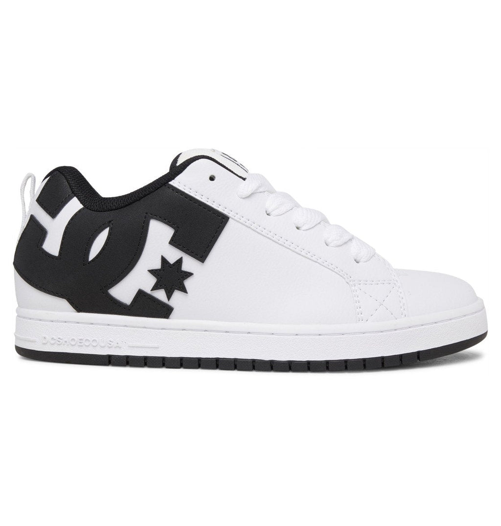 The Men’s Court Graffik Shoes by DC Shoes feature a classic white design with bold black accents, including a prominent black DC Shoes logo on the side. These low-top sneakers are equipped with white laces and a distinctive black and white sole. The signature puffy silhouette of the Court Graffik series adds to their minimalist yet modern appeal.
