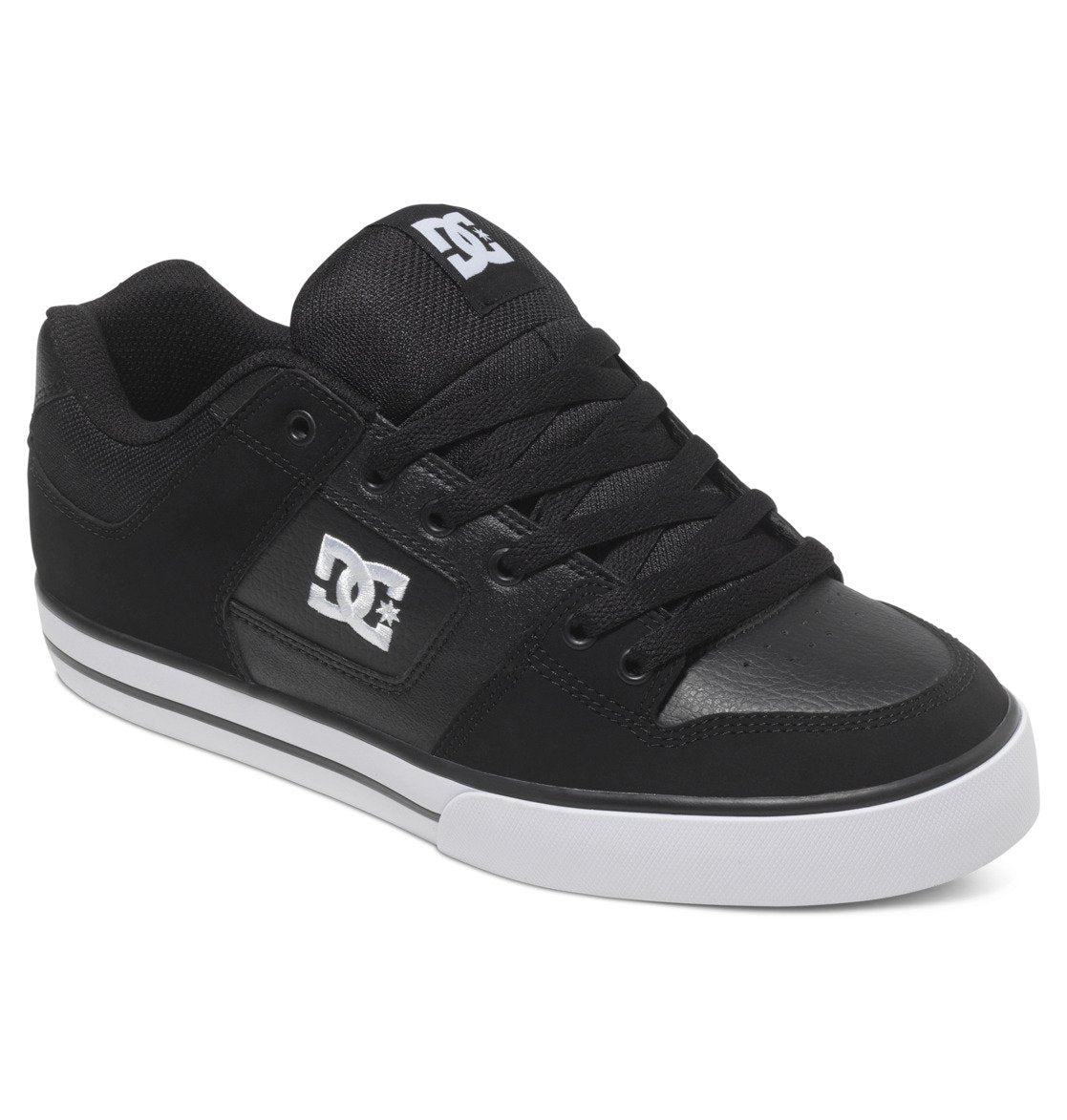Introducing the Men’s Pure Shoes by DC Shoes—stylish black skate shoes featuring a white logo on the side, contrasting white sole, black laces, and a padded tongue. Designed for comfort, versatility, and standout style.