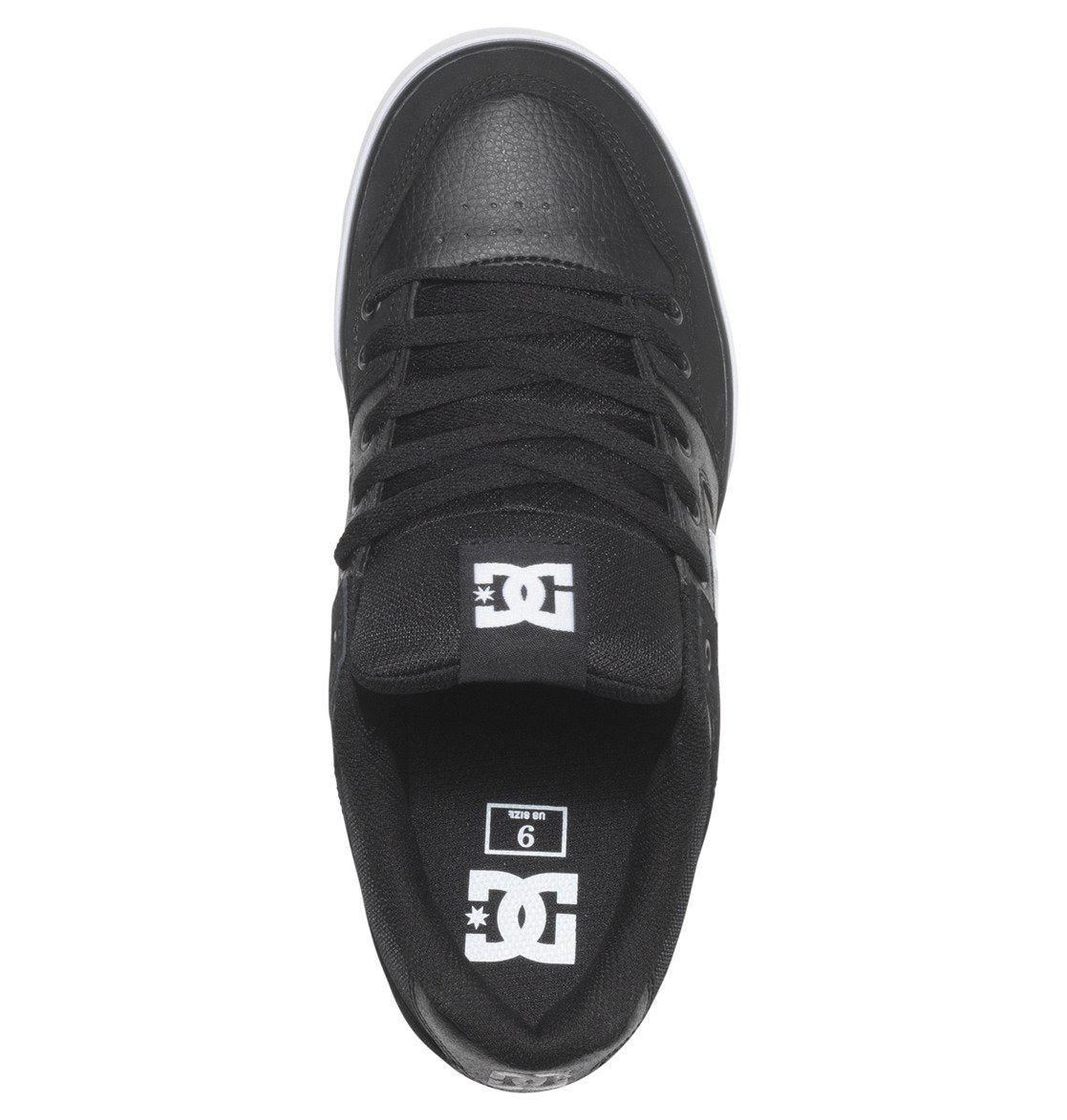 Men’s Pure Shoes by DC Shoes viewed from above, featuring black laces, a tongue with the white DC logo, and an insole marked with size 9. The white sole edges are partially visible around the toe and heel. Designed for everyday wear, these versatile men’s shoes deliver both comfort and style.