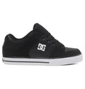 A left-profile view of the DC Shoes Men’s Pure Shoes in black features black laces, a white sole, and the DC logo in white on the side against a white background—these versatile and comfortable shoes are a popular choice for men.