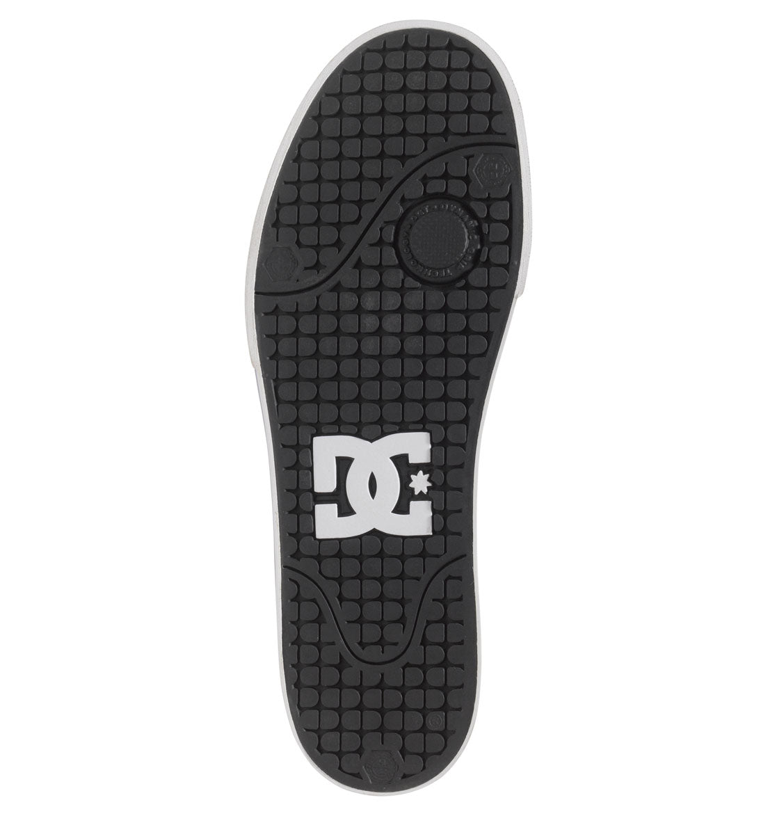 Featuring a black textured sole with circular tread patterns at the heel and toe, the DC Shoes Men’s Pure Shoes display a bold white DC Shoes logo at the center, offering both versatility and comfort for men.