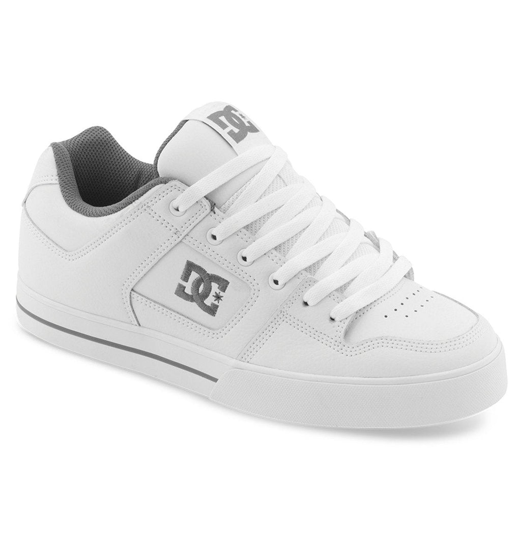 The Men’s Pure Shoes by DC Shoes, featuring a white design with gray accents, white laces, a perforated toe box, and the iconic DC logo on the side and tongue, are displayed on a white background—making them an excellent choice for anyone seeking comfortable men’s footwear.