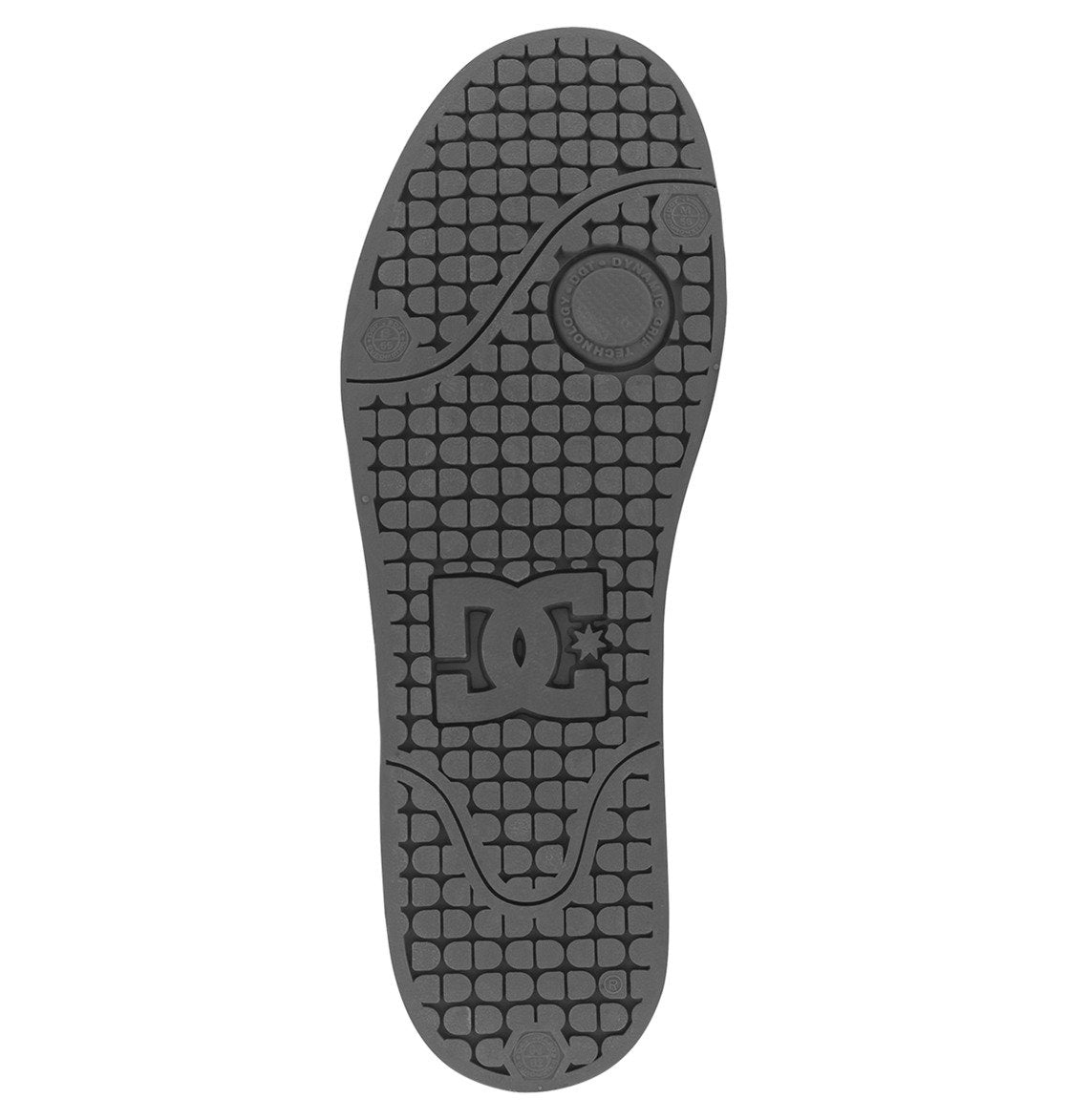 Black rubber sole of the Men’s Pure Shoes by DC Shoes, featuring a textured grid pattern, circular treads, and a prominent DC logo with star at the center. The sole is designed with multiple circular grip points for enhanced traction, making it a key feature in comfortable footwear and a staple in best-selling collections from DC Shoes.