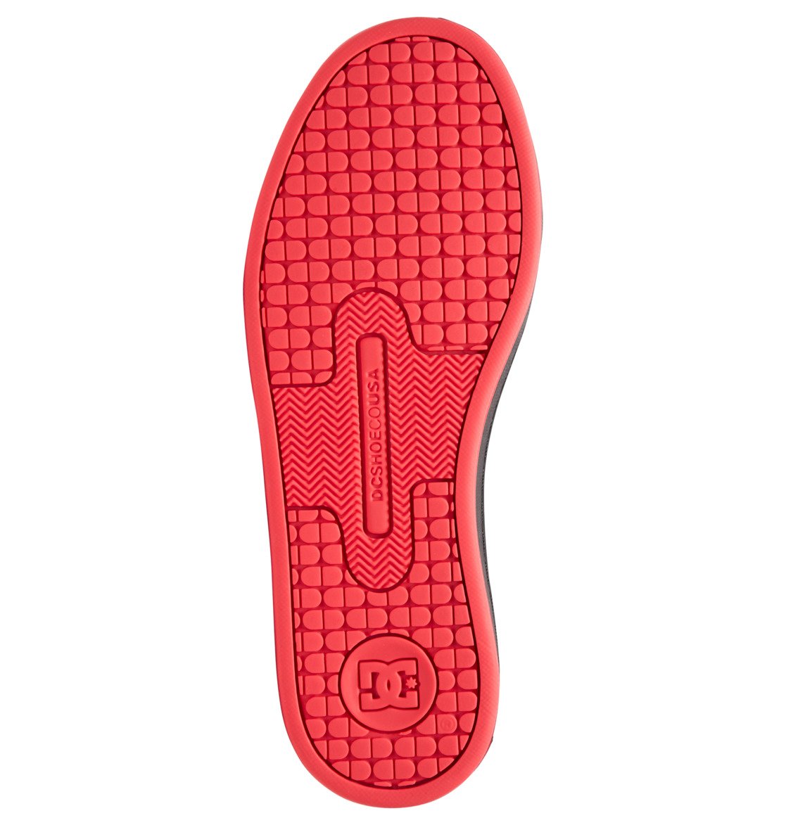 Bottom view of a red Women’s Court Graffik Shoe by DC Shoes, featuring a chunky sole with grid tread pattern, chevron detailing, embossed DC logo at the heel, and DCSHOECOUSA text—perfect for adding a touch of ’90s style to your women’s sneakers collection.