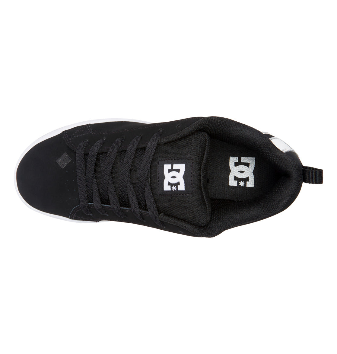 Top view of the Women’s Court Graffik Shoes by DC Shoes, featuring a black chunky design with black laces and a white DC Shoes logo on the padded tongue, capturing that iconic ’90s style against a white background.