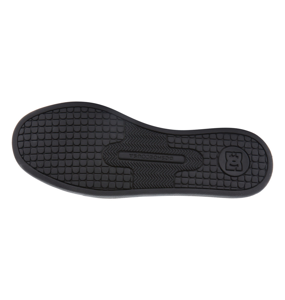 Crafted for the Women’s Court Graffik Shoes by DC Shoes, this black rubber sole features a textured grip pattern with both circular and grid-like tread designs for enhanced traction. The DC Shoes logo and text are prominently displayed at the heel and center, complementing the chunky ’90s-inspired sneaker style.