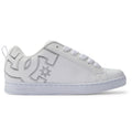 Introducing the Women’s Court Graffik Shoes by DC Shoes—a white, low-top sneaker with matching white laces, a chunky sole, and a prominent stitched DC Shoes logo accented with a star on the side. Channeling iconic ‘90s vibes, these minimalist sneakers capture the timeless, bold appeal of classic chunky footwear.