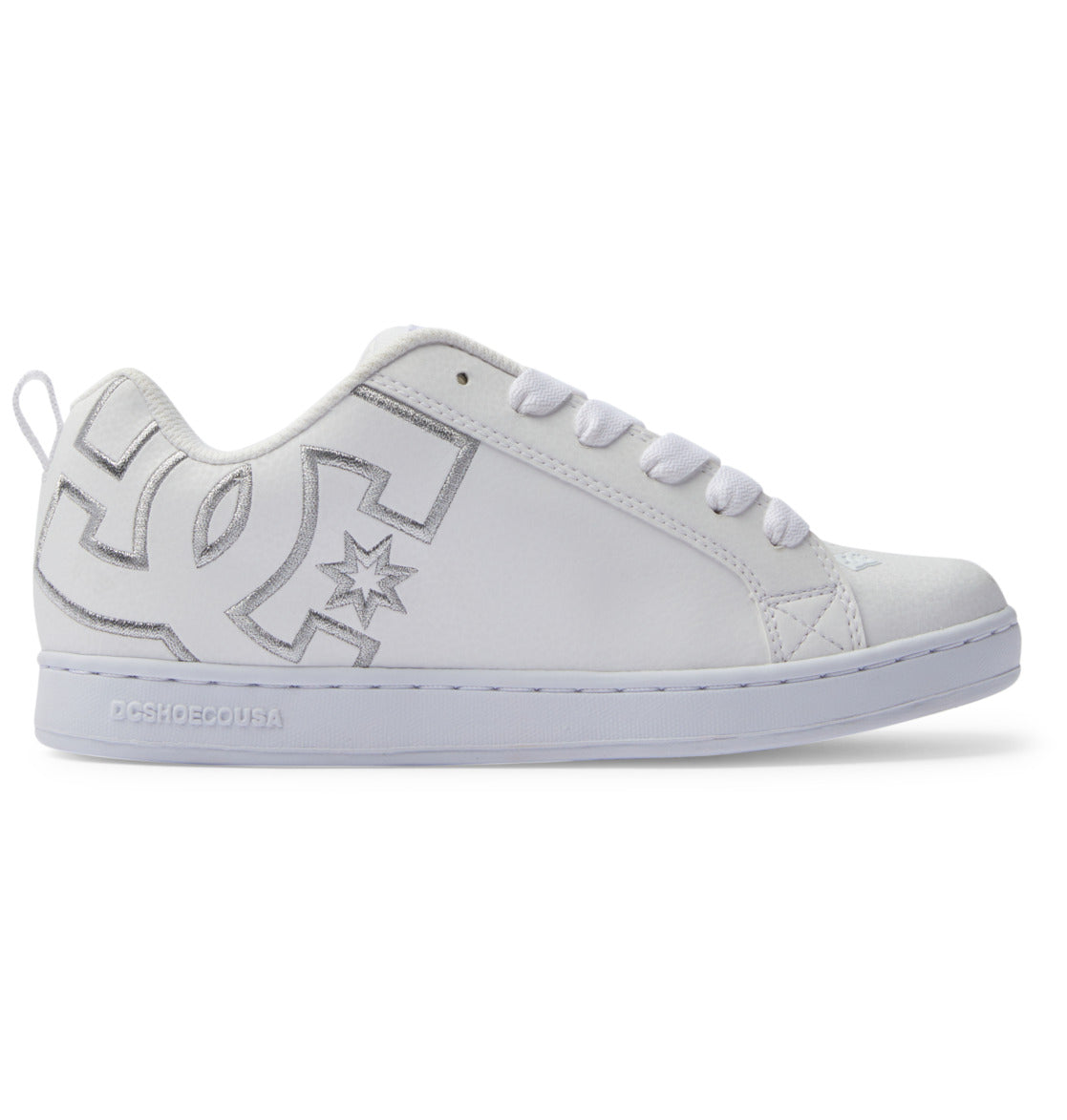Introducing the Women’s Court Graffik Shoes by DC Shoes—a white, low-top sneaker with matching white laces, a chunky sole, and a prominent stitched DC Shoes logo accented with a star on the side. Channeling iconic ‘90s vibes, these minimalist sneakers capture the timeless, bold appeal of classic chunky footwear.