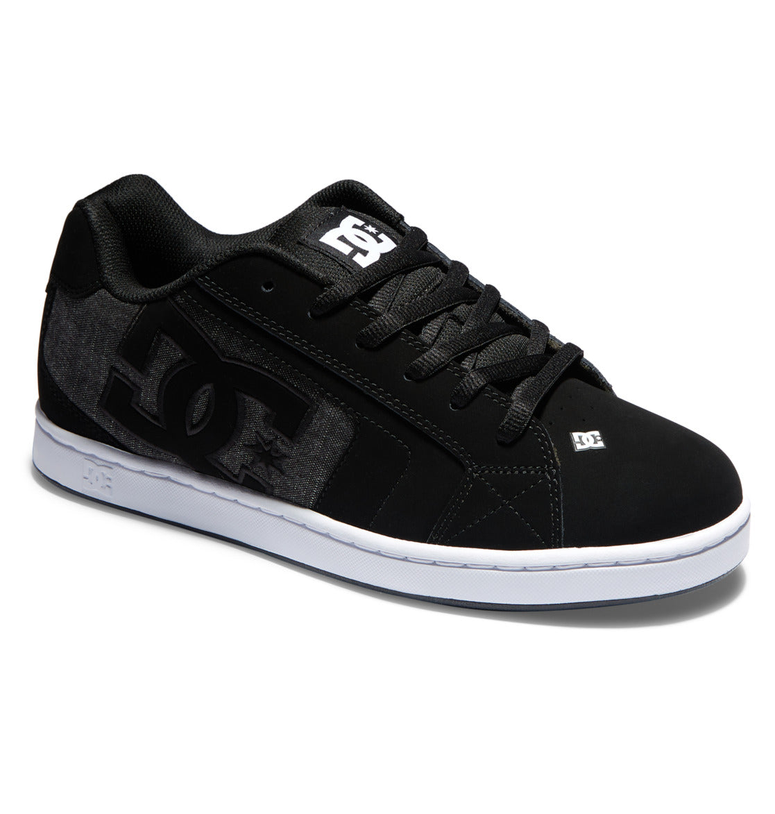 The Men’s Net Shoes by DC Shoes feature a black puffy design with a white sole, black laces, and a prominent DC logo on the side. Additional small white DC logos are found on the tongue and near the toe, while the outer sides showcase grey textured panels made from durable fabric.